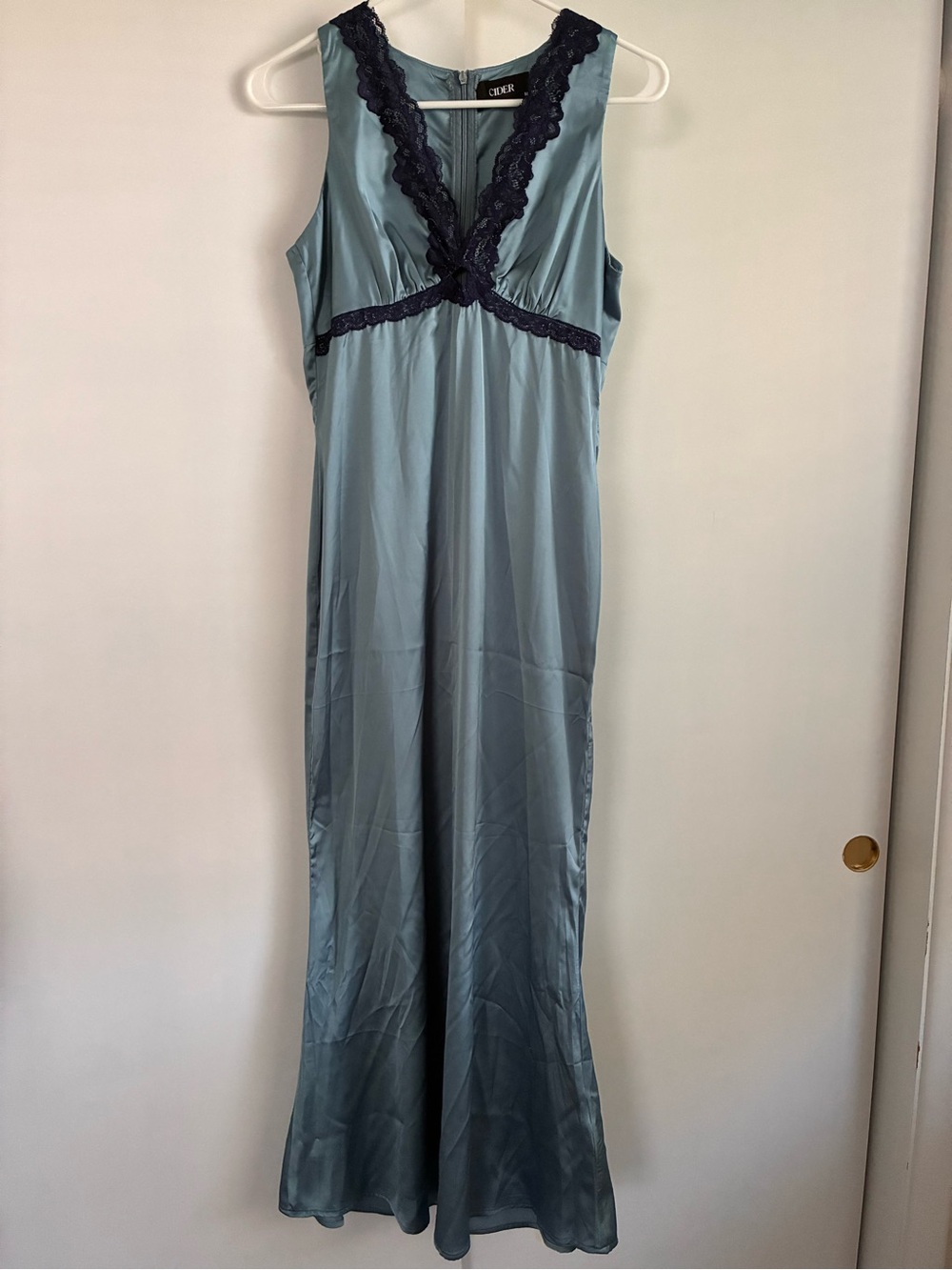 Cider Powder Blue Maxi Dress with Navy Lace Trim